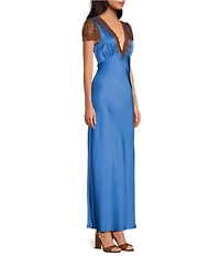 Gianni Bini Willa Satin V-Neck Short Sleeve Lace Trim Long Dress