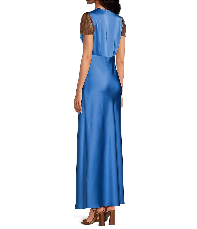 Gianni Bini Willa Satin V-Neck Short Sleeve Lace Trim Long Dress