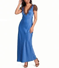 Gianni Bini Willa Satin V-Neck Short Sleeve Lace Trim Long Dress