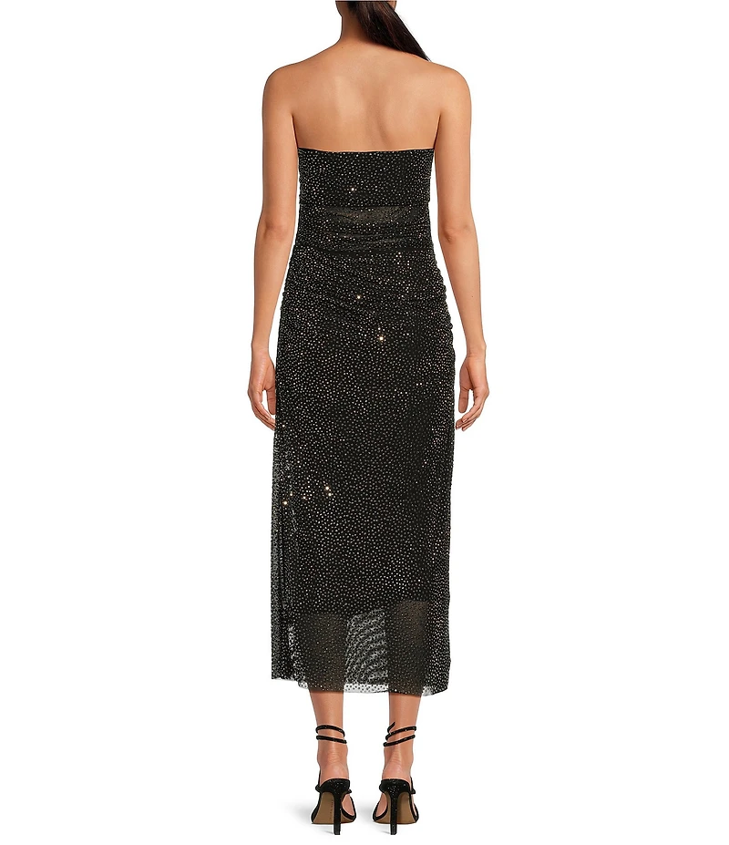 Gianni Bini Willow Rhinestone Mesh Ruched Straight Neck Sleeveless Sheath Midi Dress