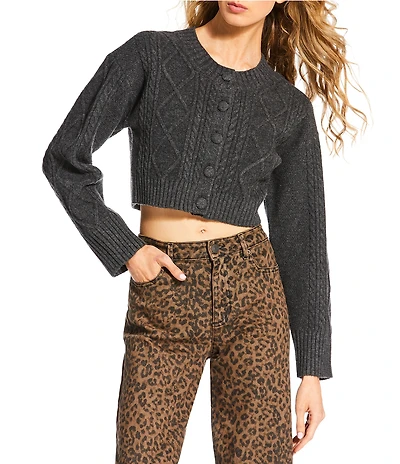 Gianni Bini Wool Blend Cable Crew Neck Long Sleeve Cardigan