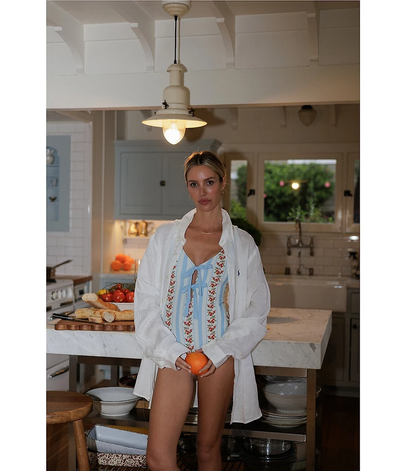 Gianni Bini x Cyd Morris The Cleo Dainty Floral Stripe Front Tie Detail One Piece Swimsuit