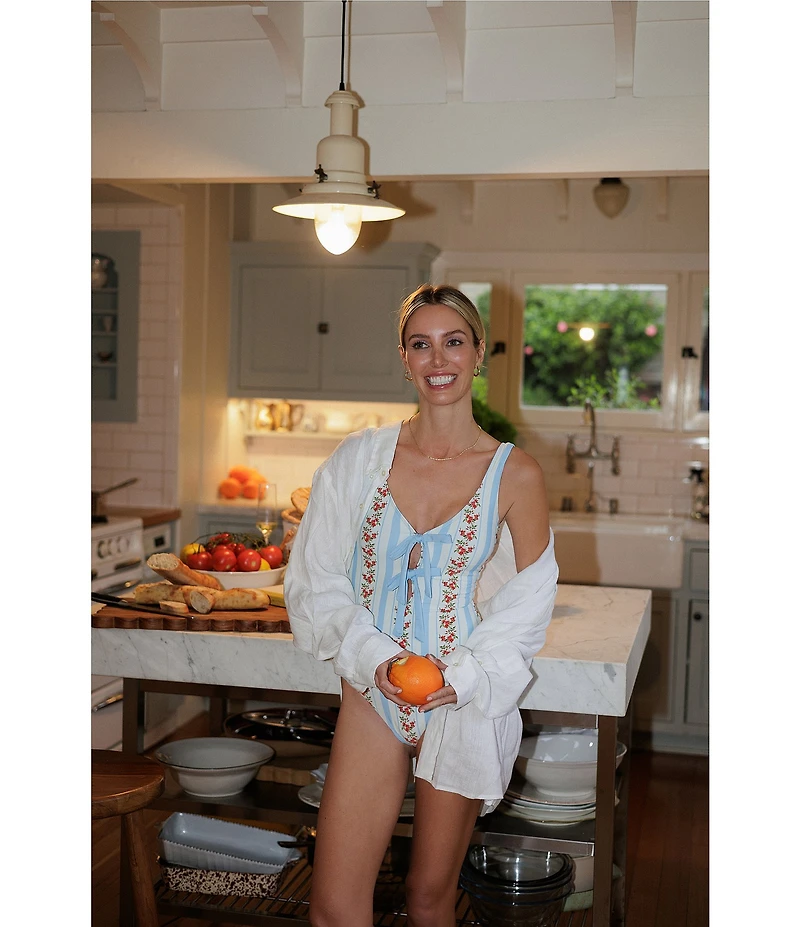 Gianni Bini x Cyd Morris The Cleo Dainty Floral Stripe Front Tie Detail One Piece Swimsuit