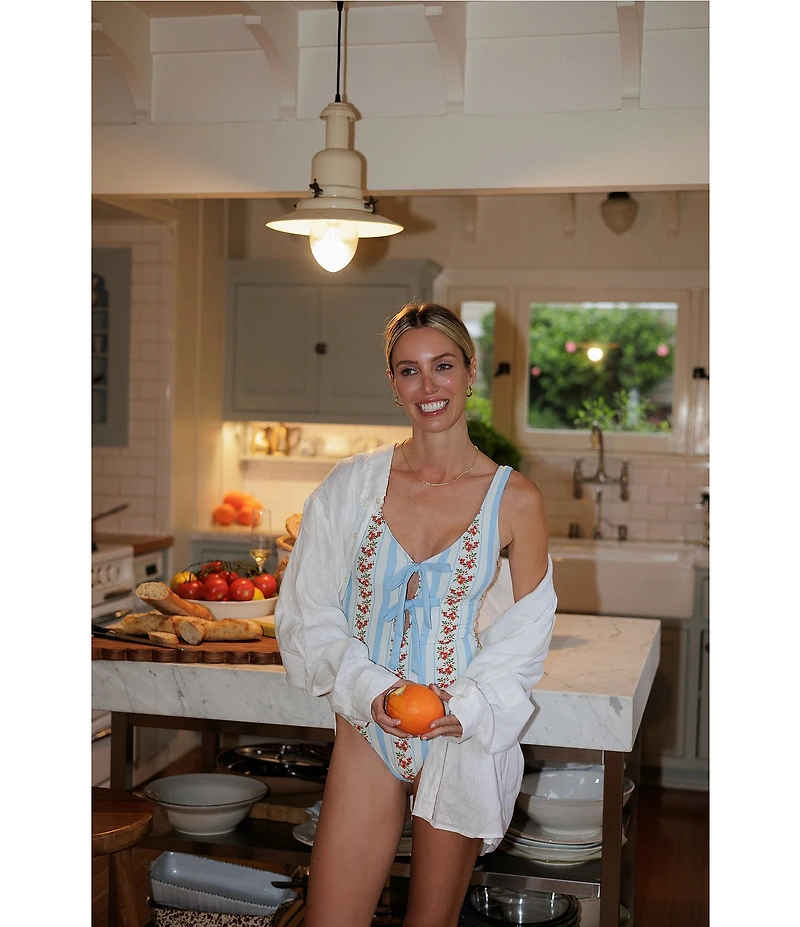 Gianni Bini x Cyd Morris The Cleo Dainty Floral Stripe Front Tie Detail One Piece Swimsuit