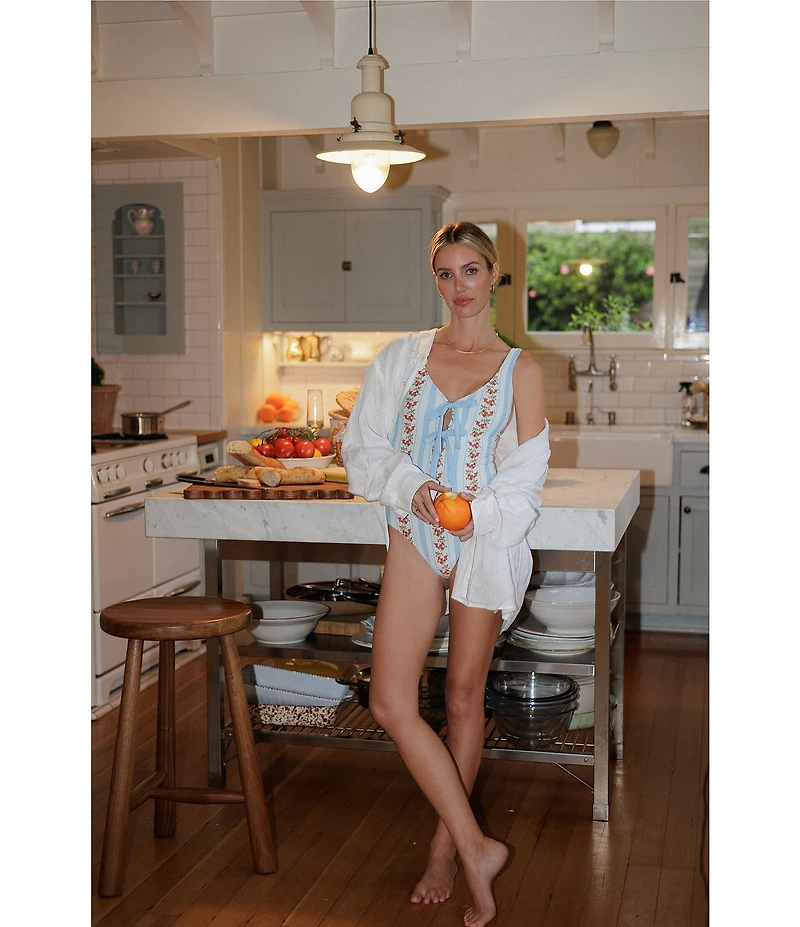 Gianni Bini x Cyd Morris The Cleo Dainty Floral Stripe Front Tie Detail One Piece Swimsuit