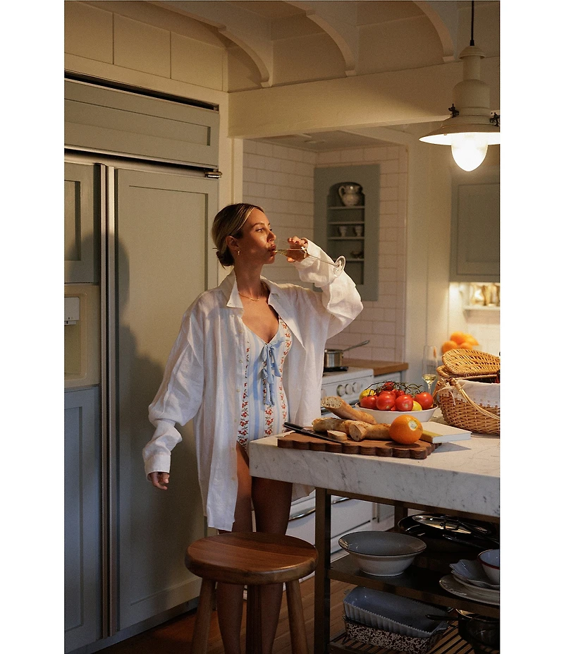 Gianni Bini x Cyd Morris The Cleo Dainty Floral Stripe Front Tie Detail One Piece Swimsuit