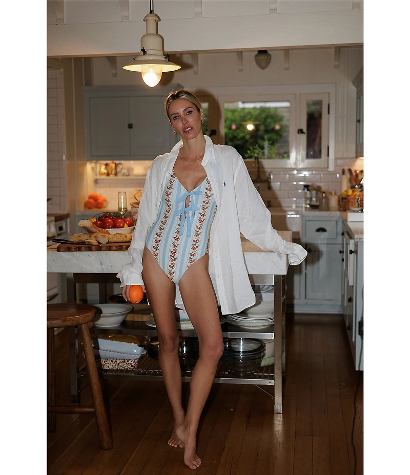 Gianni Bini x Cyd Morris The Cleo Dainty Floral Stripe Front Tie Detail One Piece Swimsuit