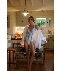 Gianni Bini x Cyd Morris The Cleo Dainty Floral Stripe Front Tie Detail One Piece Swimsuit