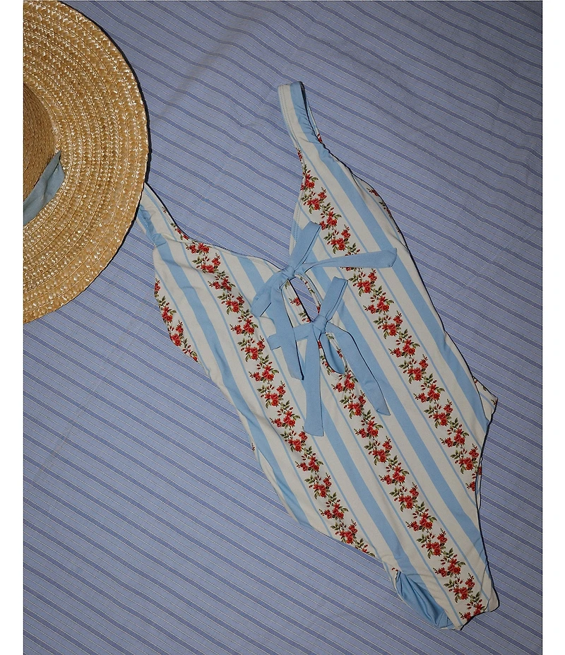 Gianni Bini x Cyd Morris The Cleo Dainty Floral Stripe Front Tie Detail One Piece Swimsuit