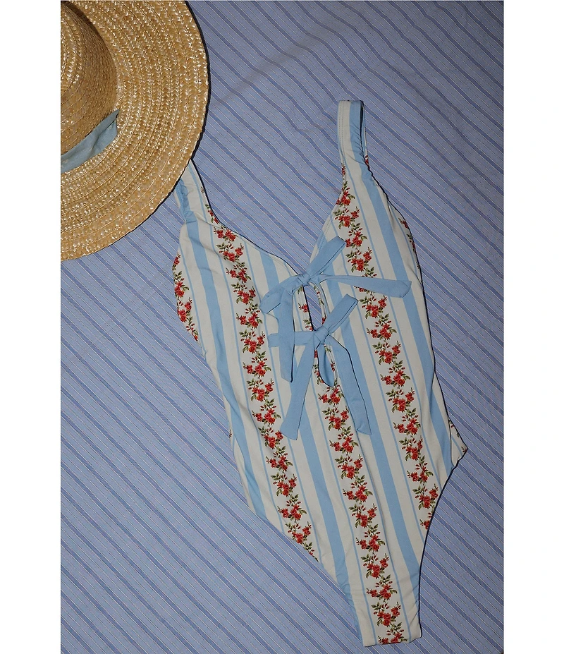 Gianni Bini x Cyd Morris The Cleo Dainty Floral Stripe Front Tie Detail One Piece Swimsuit