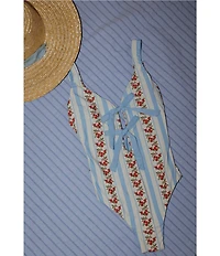 Gianni Bini x Cyd Morris The Cleo Dainty Floral Stripe Front Tie Detail One Piece Swimsuit