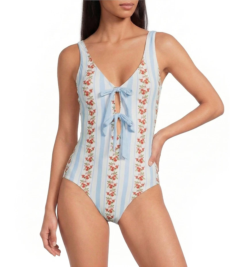Gianni Bini x Cyd Morris The Cleo Dainty Floral Stripe Front Tie Detail One Piece Swimsuit