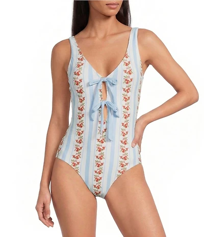 Gianni Bini x Cyd Morris The Cleo Dainty Floral Stripe Front Tie Detail One Piece Swimsuit