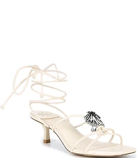 Gianni Bini x Cyd Morris The Minnie Leather Dangle Beaded Seashell Ankle Wrap Sandals