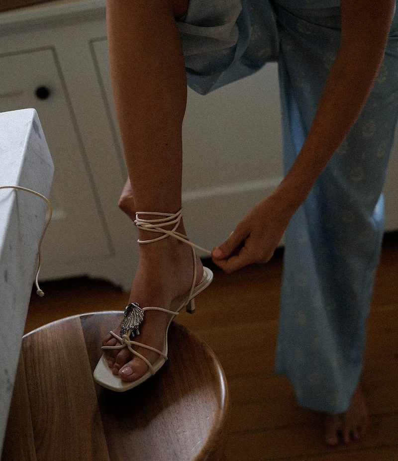 Gianni Bini x Cyd Morris The Minnie Leather Dangle Beaded Seashell Ankle Wrap Sandals