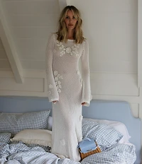 Gianni Bini x Cyd Morris The Birdie Crochet Floral Appliques Boat Neck Long Sleeve Maxi Dress