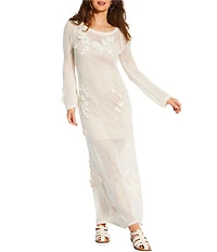 Gianni Bini x Cyd Morris The Birdie Crochet Floral Appliques Boat Neck Long Sleeve Maxi Dress