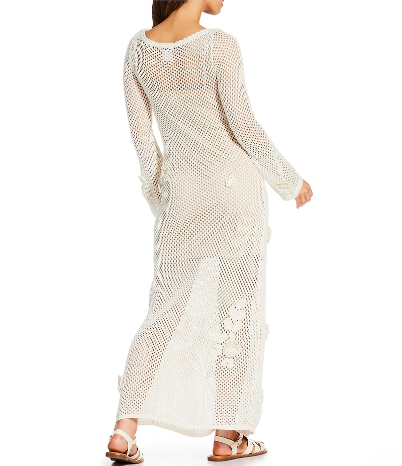 Gianni Bini x Cyd Morris The Birdie Crochet Floral Appliques Boat Neck Long Sleeve Maxi Dress