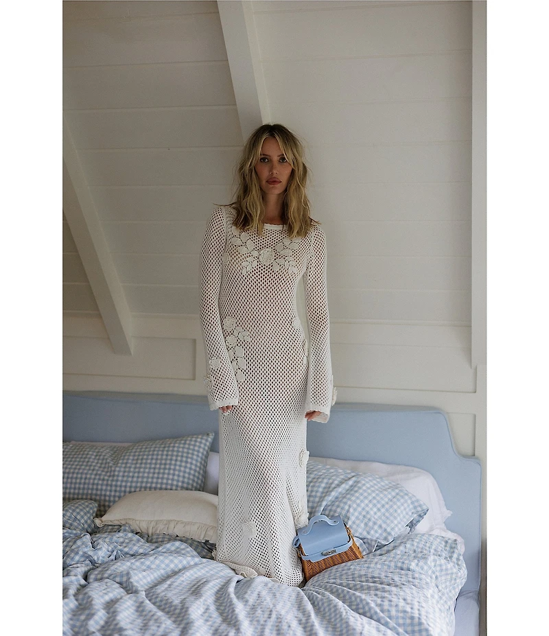 Gianni Bini x Cyd Morris The Birdie Crochet Floral Appliques Boat Neck Long Sleeve Maxi Dress