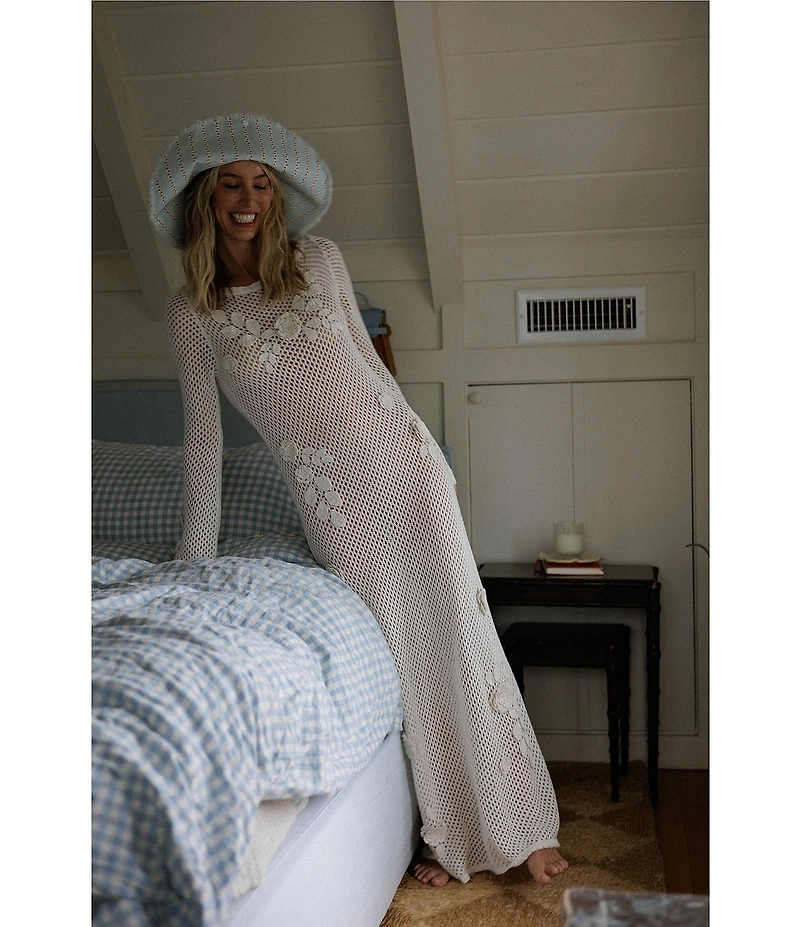Gianni Bini x Cyd Morris The Birdie Crochet Floral Appliques Boat Neck Long Sleeve Maxi Dress