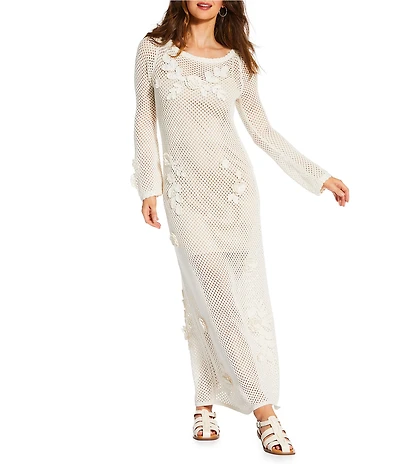 Gianni Bini x Cyd Morris The Birdie Crochet Floral Appliques Boat Neck Long Sleeve Maxi Dress
