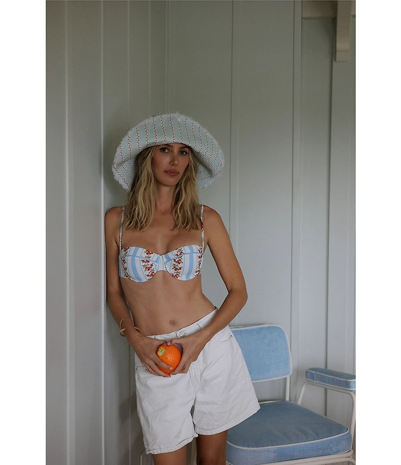 Gianni Bini x Cyd Morris The Leo Stripe Print Front Snap Brim Floppy Linen Hat