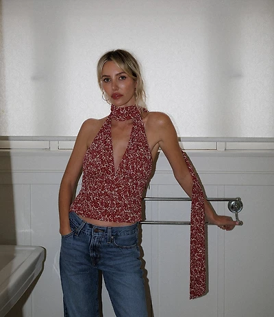 Gianni Bini x Cyd Morris The Van V Neck Sleeveless Crinkle Halter Top