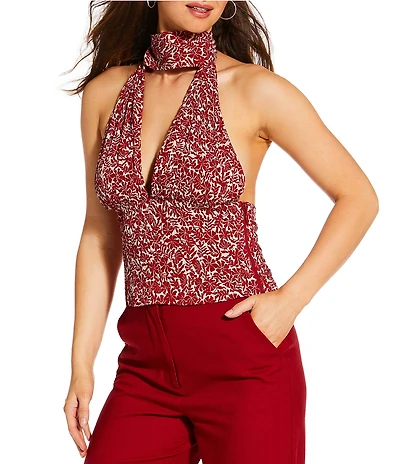 Gianni Bini x Cyd Morris The Van V Neck Sleeveless Crinkle Halter Top