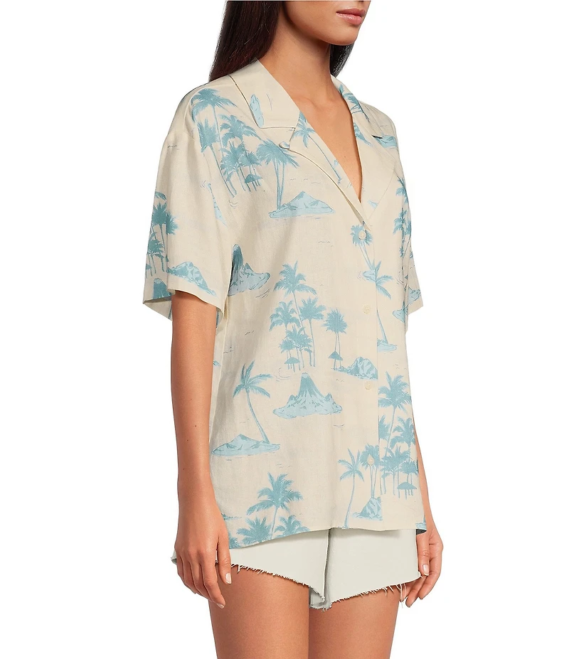Gianni Bini x DANNIJO Margaux Palm Tree Print Woven Button Front Short Sleeve Linen Blend Blouse