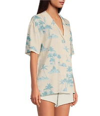 Gianni Bini x DANNIJO Margaux Palm Tree Print Woven Button Front Short Sleeve Linen Blend Blouse