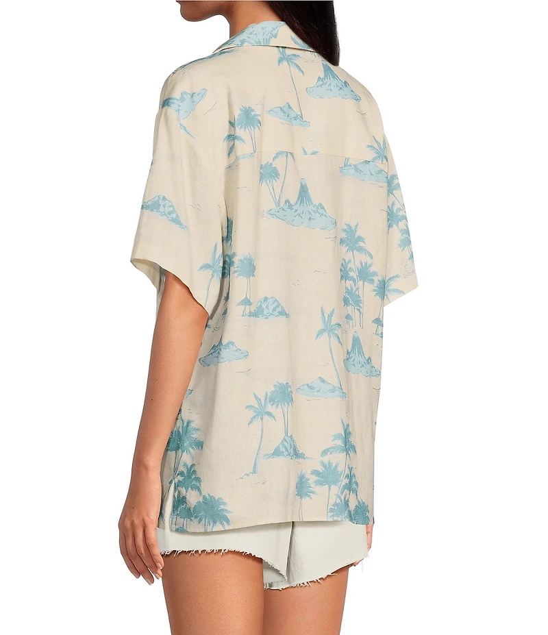 Gianni Bini x DANNIJO Margaux Palm Tree Print Woven Button Front Short Sleeve Linen Blend Blouse