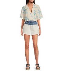 Gianni Bini x DANNIJO Margaux Palm Tree Print Woven Button Front Short Sleeve Linen Blend Blouse