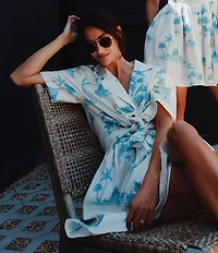 Gianni Bini x DANNIJO Margaux Palm Tree Print Woven Button Front Short Sleeve Linen Blend Blouse