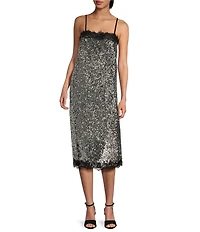 Gianni Bini x Lilly Sisto Allegra Sequin Lace Trim Square Neck Spaghetti Strap Slip Midi Dress
