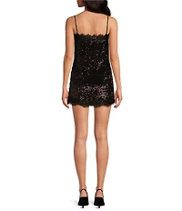 Gianni Bini x Lilly Sisto Tinsley Sequin Lace Trim Square Neck Spaghetti Strap Slip Mini Dress