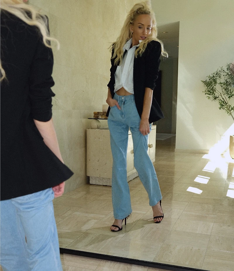 Gianni Bini x Nastia Liukin Anna Denim Straight Leg Feather Detail Jeans