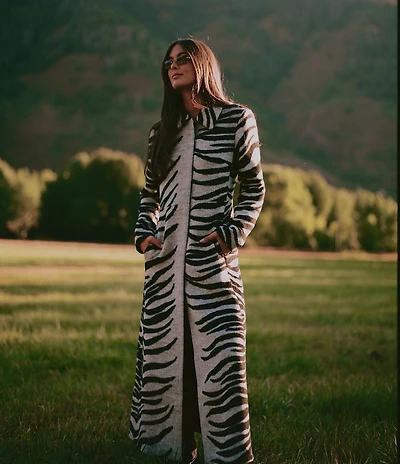 Gianni Bini x Sydney Silverman Marlee Wool Blend Zebra Jacquard Longline Long Sleeve Coat