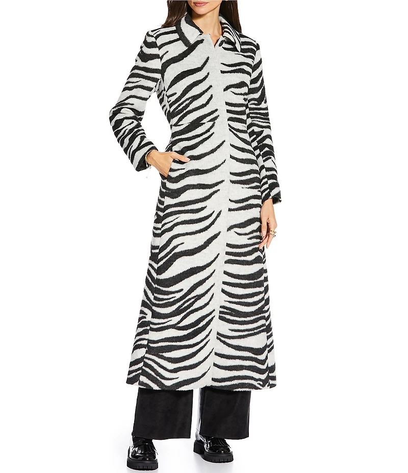 Gianni Bini x Sydney Silverman Marlee Wool Blend Zebra Jacquard Longline Long Sleeve Coat