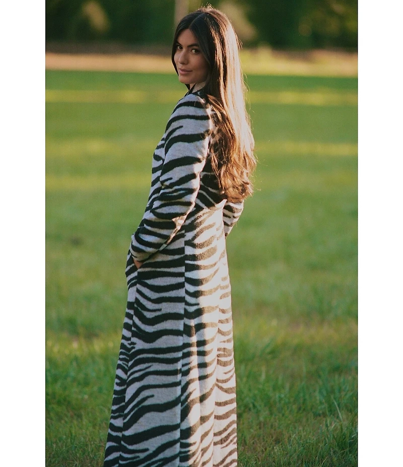 Gianni Bini x Sydney Silverman Marlee Wool Blend Zebra Jacquard Longline Long Sleeve Coat