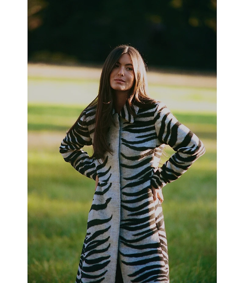 Gianni Bini x Sydney Silverman Marlee Wool Blend Zebra Jacquard Longline Long Sleeve Coat