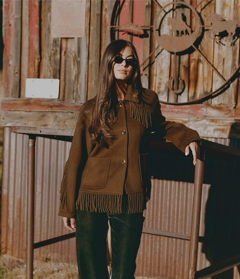 Gianni Bini x Sydney Silverman The Alexa Double Face Wool Blend Fringe Spread Collar Long Sleeve Jacket