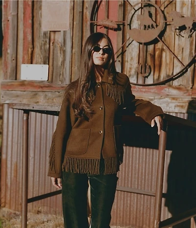 Gianni Bini x Sydney Silverman The Alexa Double Face Wool Blend Fringe Spread Collar Long Sleeve Jacket