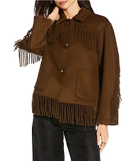 Gianni Bini x Sydney Silverman The Alexa Double Face Wool Blend Fringe Spread Collar Long Sleeve Jacket