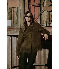 Gianni Bini x Sydney Silverman The Alexa Double Face Wool Blend Fringe Spread Collar Long Sleeve Jacket