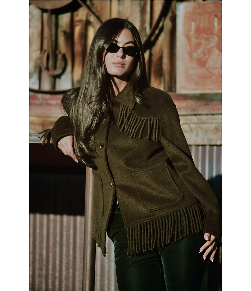 Gianni Bini x Sydney Silverman The Alexa Double Face Wool Blend Fringe Spread Collar Long Sleeve Jacket