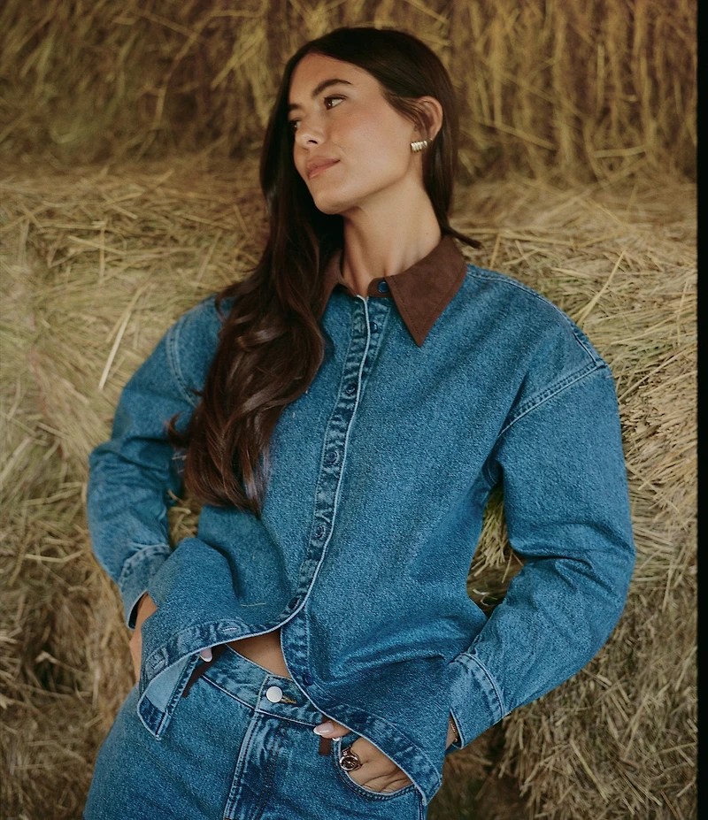 Gianni Bini x Sydney Silverman The Anya Denim Faux Suede Collar Long Sleeve Coordinating Top