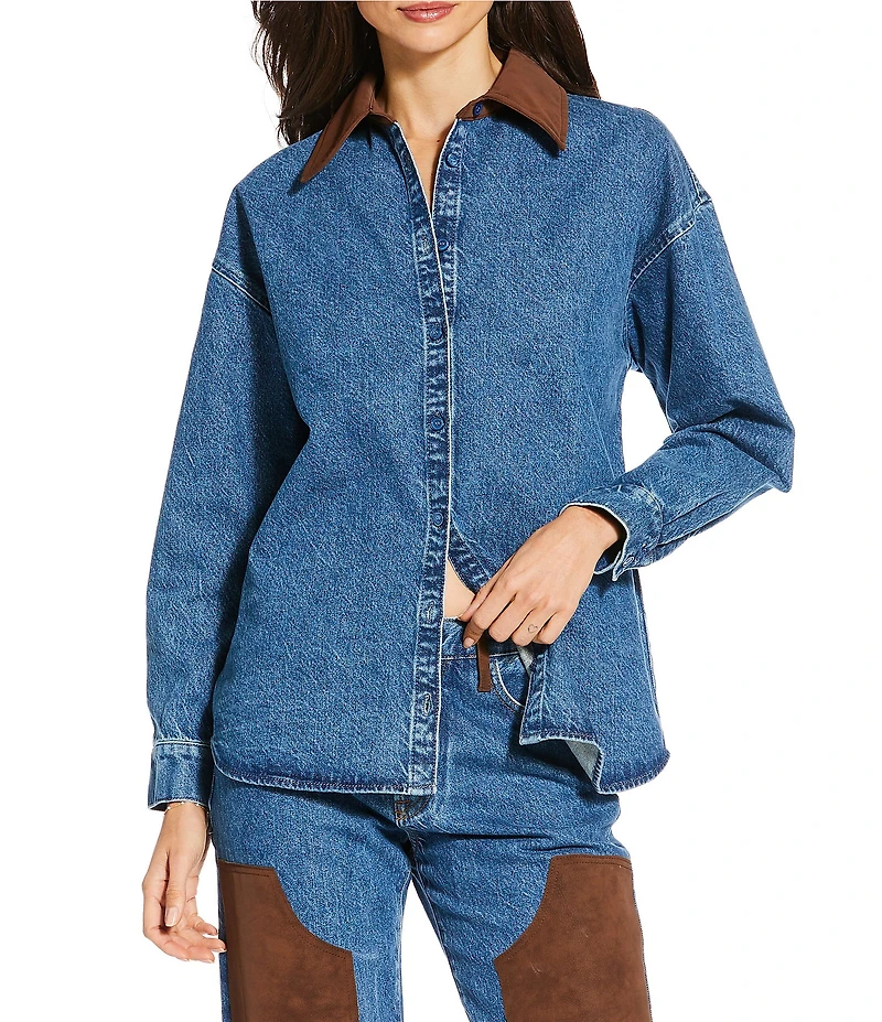 Gianni Bini x Sydney Silverman The Anya Denim Faux Suede Collar Long Sleeve Coordinating Top
