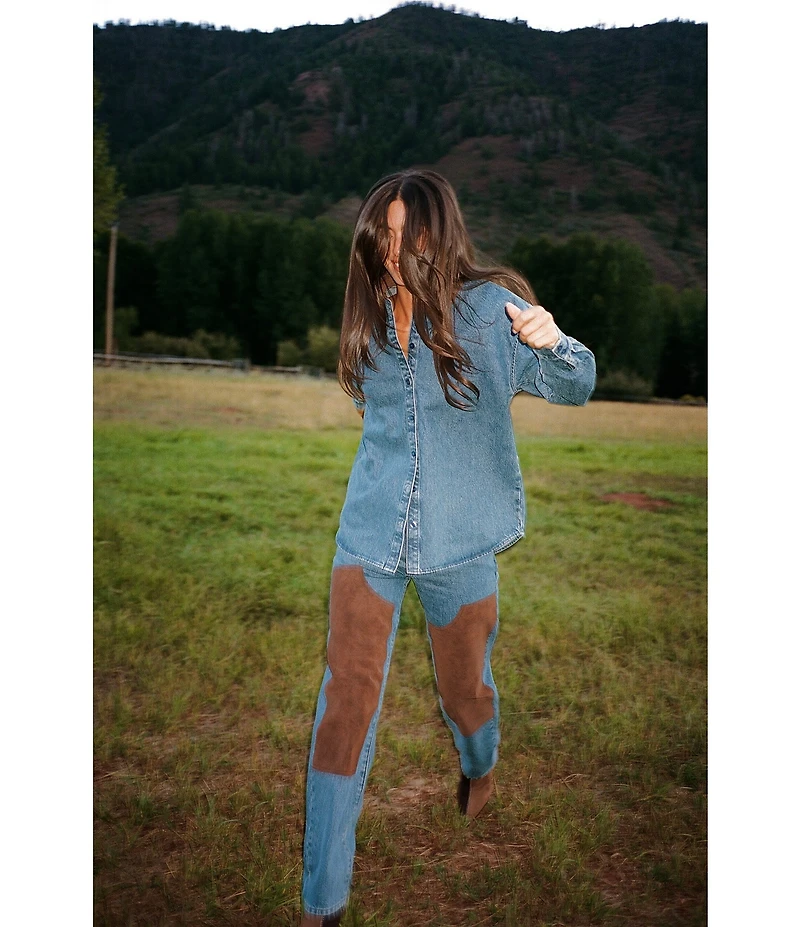 Gianni Bini x Sydney Silverman The Anya Denim Faux Suede Collar Long Sleeve Coordinating Top