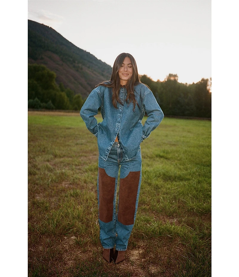 Gianni Bini x Sydney Silverman The Anya Denim Faux Suede Collar Long Sleeve Coordinating Top