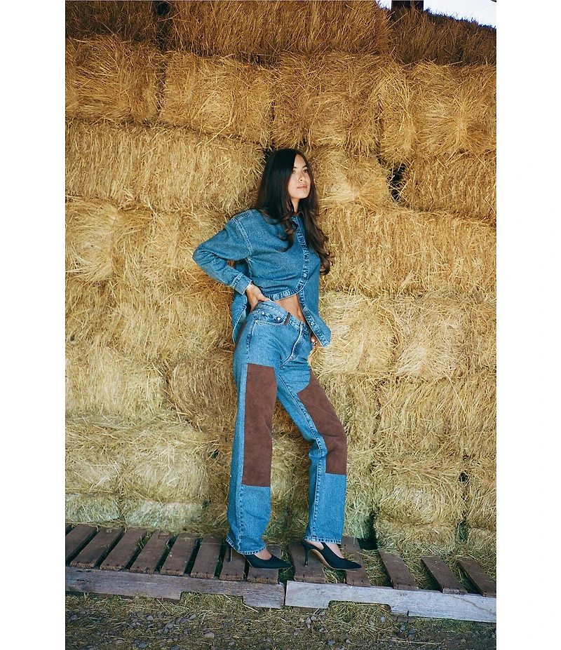 Gianni Bini x Sydney Silverman The Anya Denim Faux Suede Collar Long Sleeve Coordinating Top